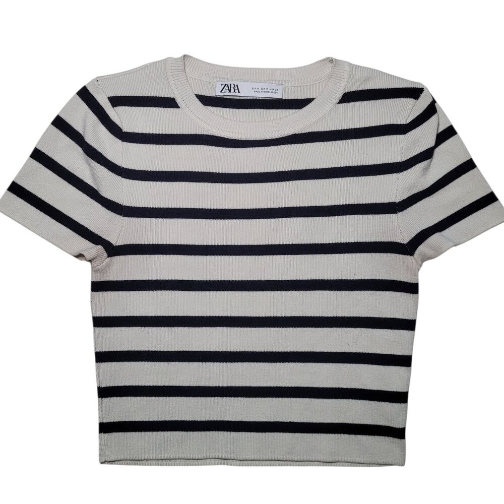ZARA Knit Crop Striped Short Sleeve Top Tee White Black Medium Coastal